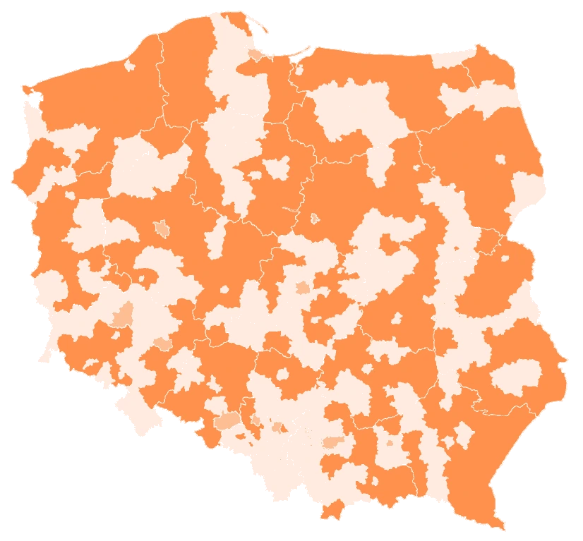 Mapa powiatów: rozkład geograficzny doktoratów wdrożeniowych